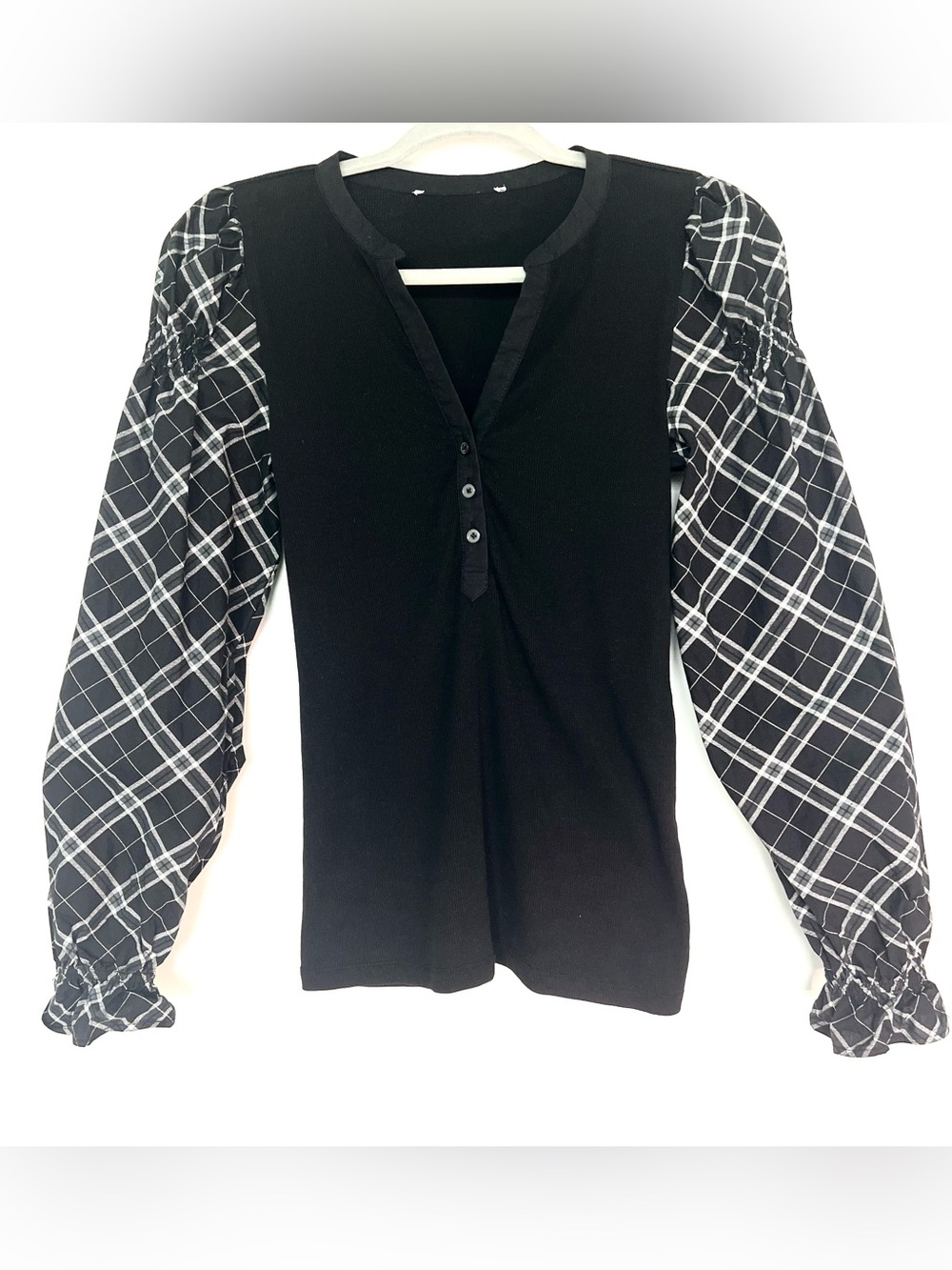 LOFT Black Mixed Media Plaid Sleeve Henley Top Ribbed Plaid Cuff Women’s Size XS